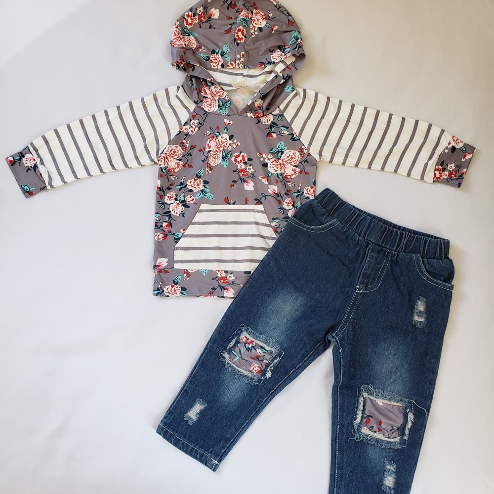 New Boutique Girls 2pc Floral Top and Denim Pants
